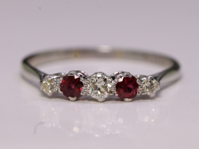  Art Deco Ruby and Diamond Platinum Five-Stone Ring