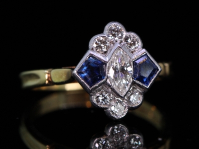   Art Deco Diamond and Sapphire 18ct Gold and Platinum Cluster Ring