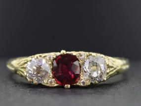  GORGEOUS VICTORIAN RUBY AND DIAMOND 18 CARAT GOLD CARVED HALF HOOP RING