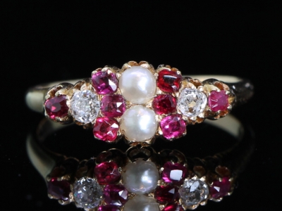 Edwardian Ruby and Natural Pearl and Diamond 18ct Ring