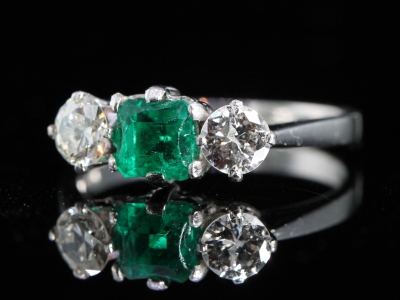 Art Deco Emerald and Diamond Platinum Trilogy Ring