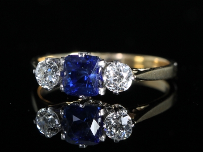 Vintage Natural Sapphire and Old Cut Diamond 18ct Gold Trilogy Ring