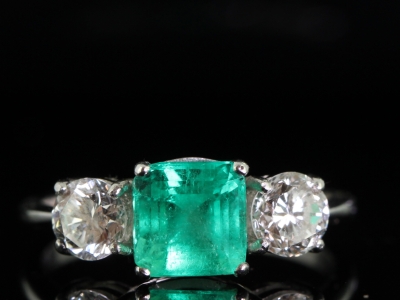 GORGEOUS COLOMBIAN EMERALD AND DIAMOND PLATINUM TRILOGY RING