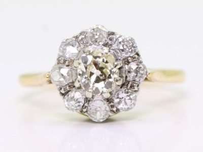 Edwardian Old Mined 2ct Diamond 18ct Gold Cluster Ring