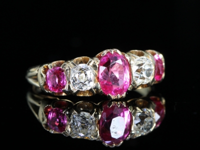 Edwardian Burmese Ruby and Diamond Five Stone 18ct Gold Ring
