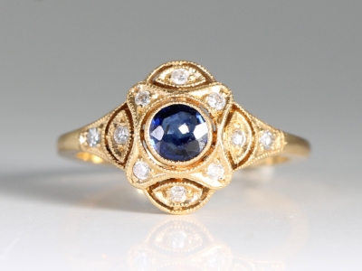 Art Deco Style Sapphire and Diamond 18ct Gold Ring