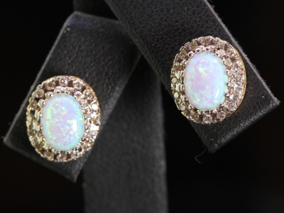 Beautiful 9 Carat Gold Opal and Diamond Cluster Stud Earrings