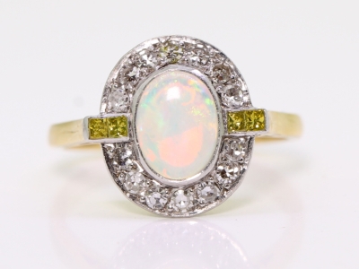 Art Deco Style Opal and Diamond 18ct Gold Cluster Ring 