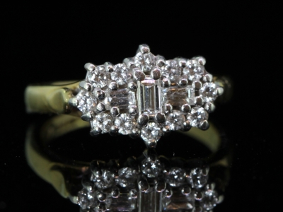 Beautiful Baguette and Brilliant Cut Diamond Cluster 18 Carat Gold Ring