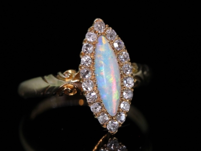 Victorian Navette Opal an Diamond 18ct Gold Ring