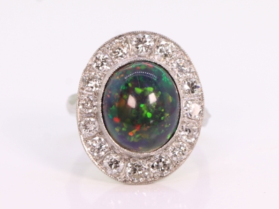 Art Deco 5ct Black Opal and Diamond Platinum Cluster Ring 