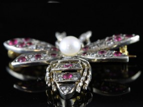 FABULOUS NATURAL RUBY, PEARL AND DIAMOND BUTTERFLY SILVER/GOLD BROOCH