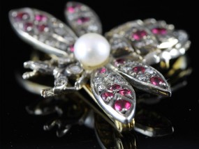 FABULOUS NATURAL RUBY, PEARL AND DIAMOND BUTTERFLY SILVER/GOLD BROOCH