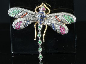 MAGNIFICENT TSAVORITE, RUBY, SAPPHIRE AND DIAMOND JEWELLED DRAGONFLY SILVER/GOLD BROOCH