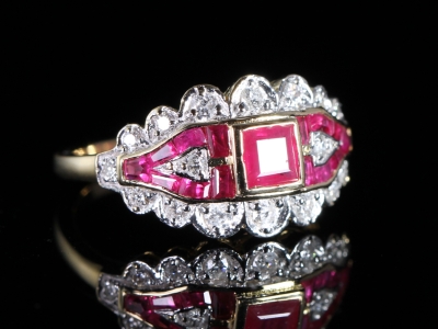 An Estate Ruby and Diamond 18ct Art Deco Style Ring