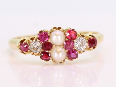 Edwardian Ruby and Natural Pearl and Diamond 18ct Ring