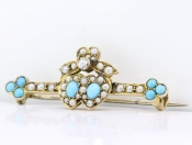 FABULOUS TURQUOISE PEARL AND DIAMOND DOUBLE HEART 15 CARAT GOLD BROOCH