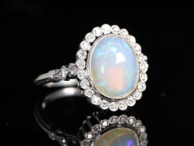Vintage 3ct Australian Opal and Diamond Cluster Platinum Ring