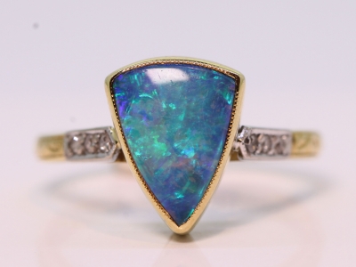 Vintage Trillion Cut Black Opal and Diamond 18ct Gold Ring 