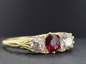  GORGEOUS VICTORIAN RUBY AND DIAMOND 18 CARAT GOLD CARVED HALF HOOP RING