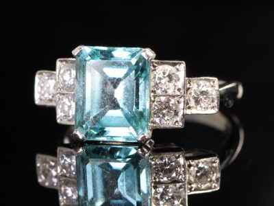 Art Deco Style Natural Blue Zircon and Diamond Platinum Ring
