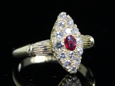Edwardian Ruby and Diamond Navette 18ct Gold Ring