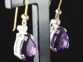 STUNNING AMETHYST, PERIDOT AND DIAMOND SILVER SET GOLD EARRINGS