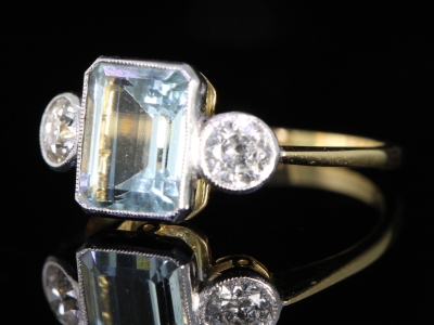 Art Deco Aquamarine and Diamond 18ct Gold Trilogy Ring