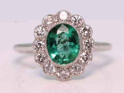  Vintage Colombian Emerald and Diamond Platinum Cluster Ring 