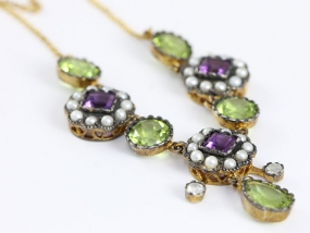 STUNNING SUFFRAGETTE EDWARDIAN AMETHYST PERIDOT PEARL AND DIAMOND 9 CARAT GOLD NECKLACE