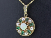 LOVELY EDWARDIAN EMERALD PEARL AND OPAL 18 CARAT GOLD CIRCULAR PENDANT