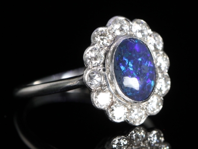  Vintage Black Opal and Diamond Cluster Platinum Ring