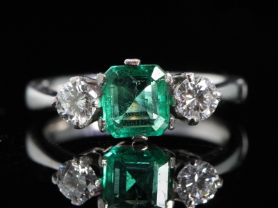 Vintage Emerald and Diamond Trilogy Platinum Ring