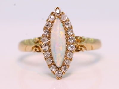 Victorian Navette Opal an Diamond 18ct Gold Ring