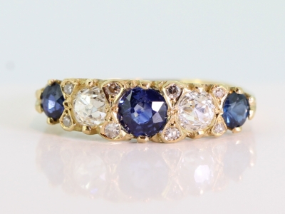 Victorian Sapphire and Diamond 18 Carat Gold Carved Half Hoop Ring