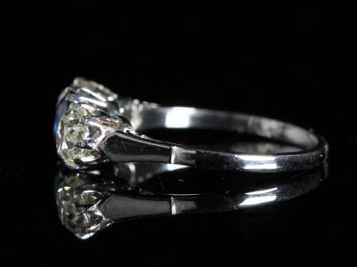 Edwardian Sapphire and Old Cut Diamonds Platinum Trilogy Ring