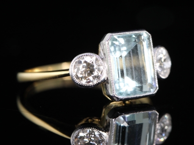 Art Deco Aquamarine and Diamond 18ct Gold Trilogy Ring