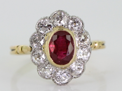  STUNNING RUBY AND DIAMOND 18 CARAT GOLD AND PLATINUM CLUSTER RING