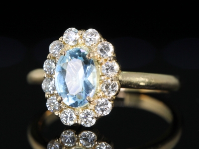 Vintage Aquamarine and Diamond 18ct Gold Oval Cluster Ring