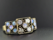 LOVELY TRIPLE SQUARE SET 9 CARAT GOLD OPAL AND DIAMOND RING