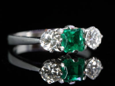 Art Deco Emerald and Diamond Platinum Trilogy Ring