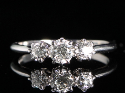 Art Deco Old mined Hand Cut Diamond Trilogy Platinum Ring