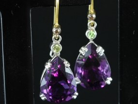 STUNNING AMETHYST, PERIDOT AND DIAMOND SILVER SET GOLD EARRINGS