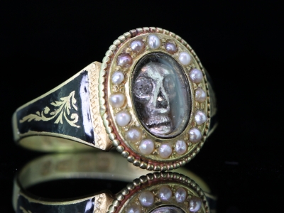 Wonderful Victorian Diamond  Set Skull Pearl and Black Enamel 18 Carat Gold Mourning Ring