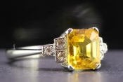 GORGEOUS YELLOW SAPPHIRE AND DIAMOND ART DECO INSPIRED PLATINUM RING