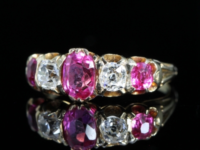 Edwardian Burmese Ruby and Diamond Five Stone 18ct Gold Ring