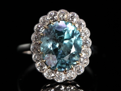  Art Deco 4ct Natural Blue Zircon and Diamond 18ct Gold Cluster Ring