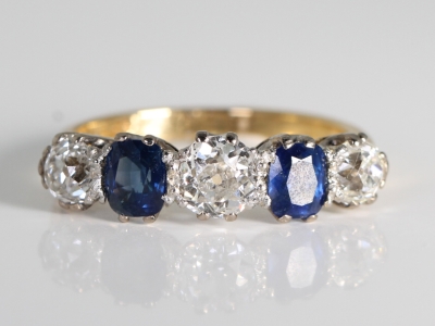  Edwardian Sapphire and Old Cut Diamond 18ct Five Stone Ring