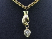 UNIQUE 15 CARAT GOLD HAND AND CHAIN WITH A PEARL AND DIAMOND HEART PENDANT