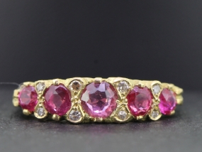 BEAUTIFUL RUBY AND DIAMOND 18 CARAT GOLD CARVED HALF HOOP